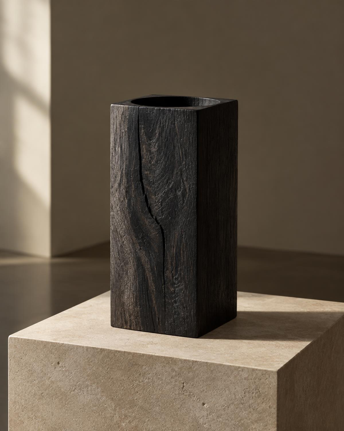 Provisional desk objects study in dark Bog Oak