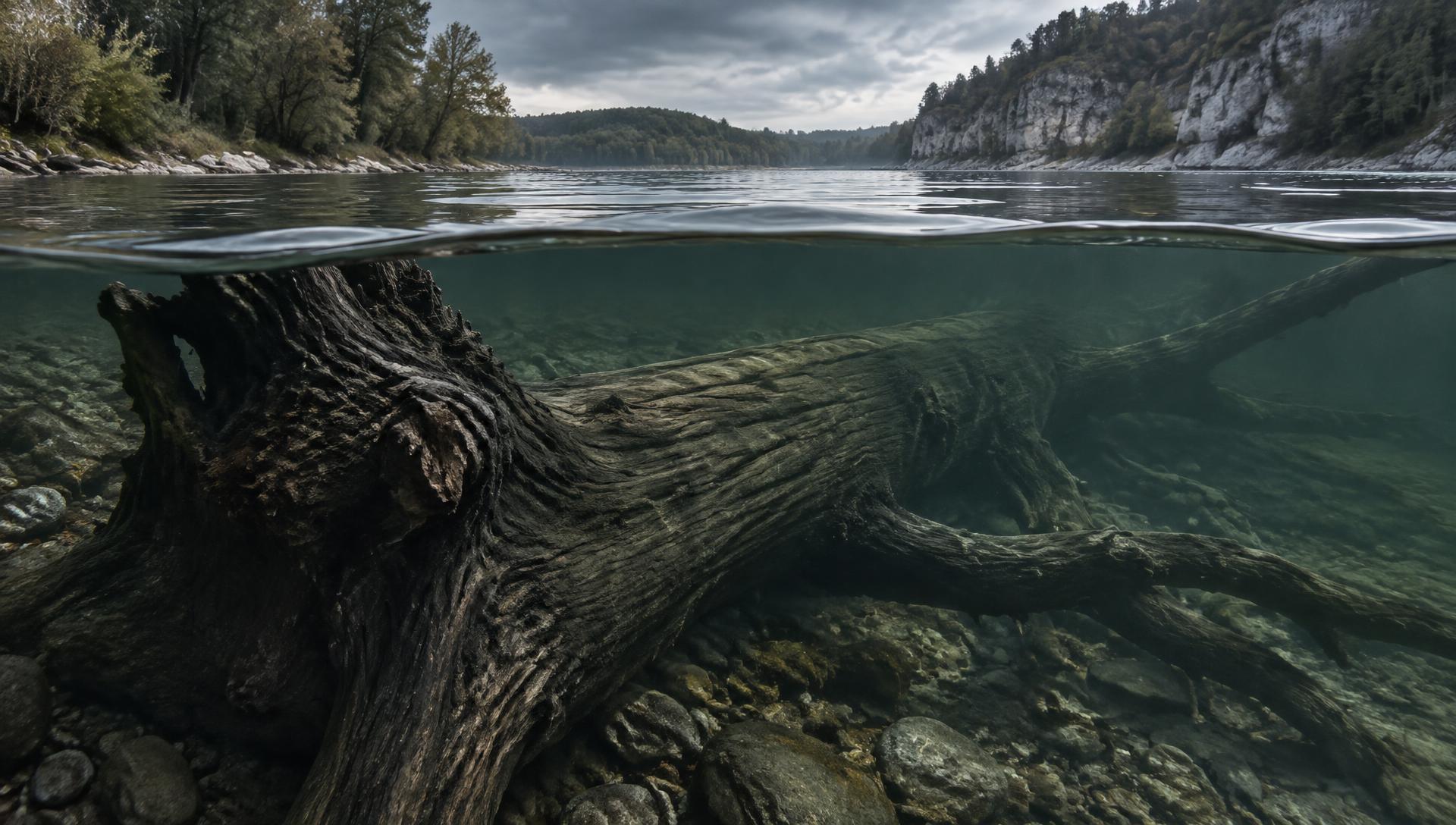 Ancient oak resting beneath river water